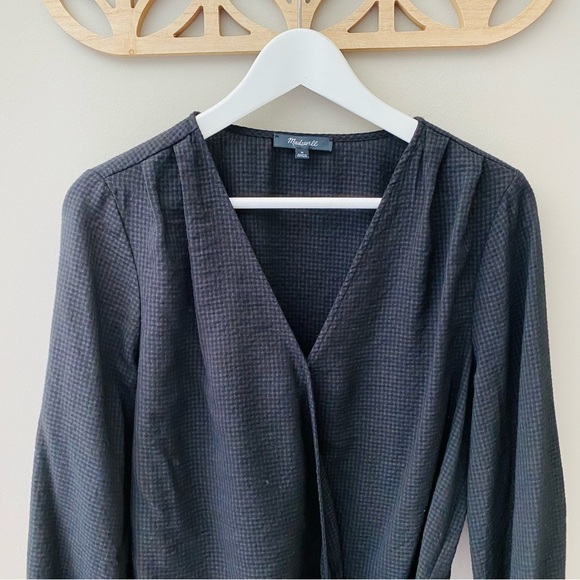 Madewell Checkered Print Wrap Blouse Black Sz Medium - Picture 2 of 9